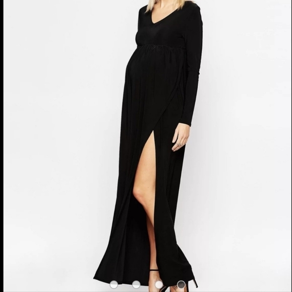Club L Maternity Slinky Plunge V Neck Maxi Dress with M Slit Sz 12 in Black NWT - Picture 4 of 12